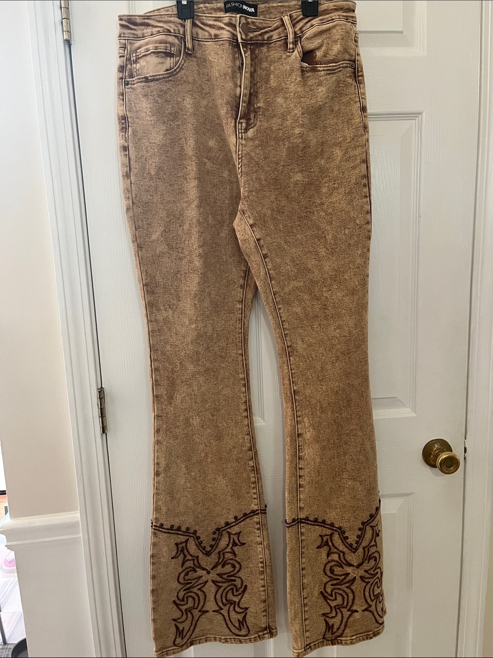 Fashion Nova Brown Acid Wash Boot Cut Jeans with Embroidered Cuffs